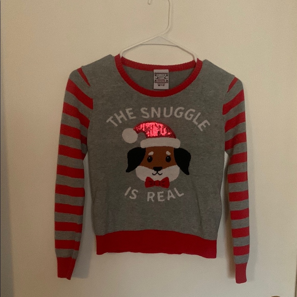 Gray and Red Striped Sweater with Dog Design